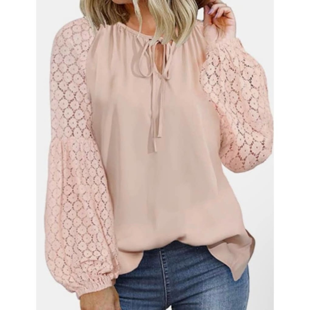 WOMEN'S SEXY ROUND TIE NECK LACE SLEEVES LOOSE BLOUSE COLOR PINK NWOT Size L